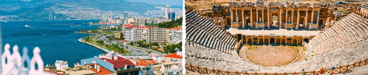 Az Égei-tenger török partvidéke tengerparti városokkal és mediterrán tájjal