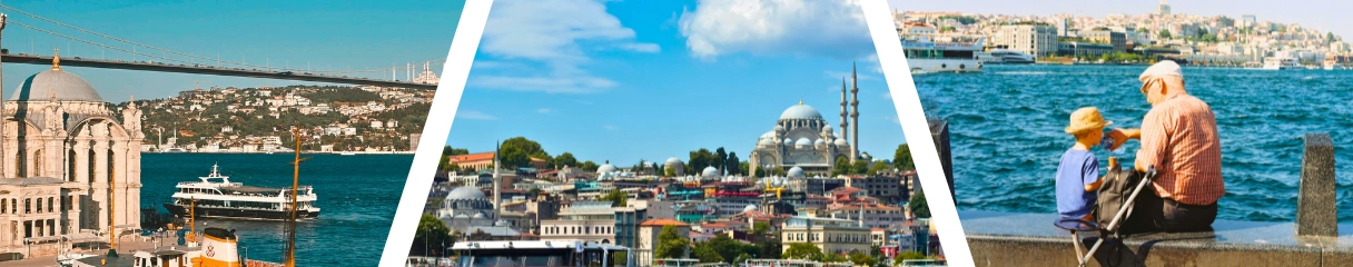 A Boszporusz panorámája kompokkal és Isztambul városképével