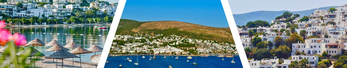 Bodrum fehér házai, kikötője és tengerparti városképe