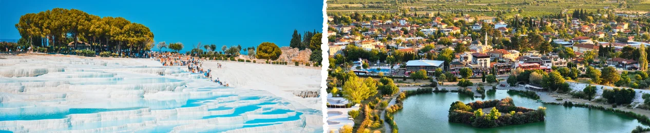 Pamukkale fehér travertinteraszai és termálvizes medencéi
